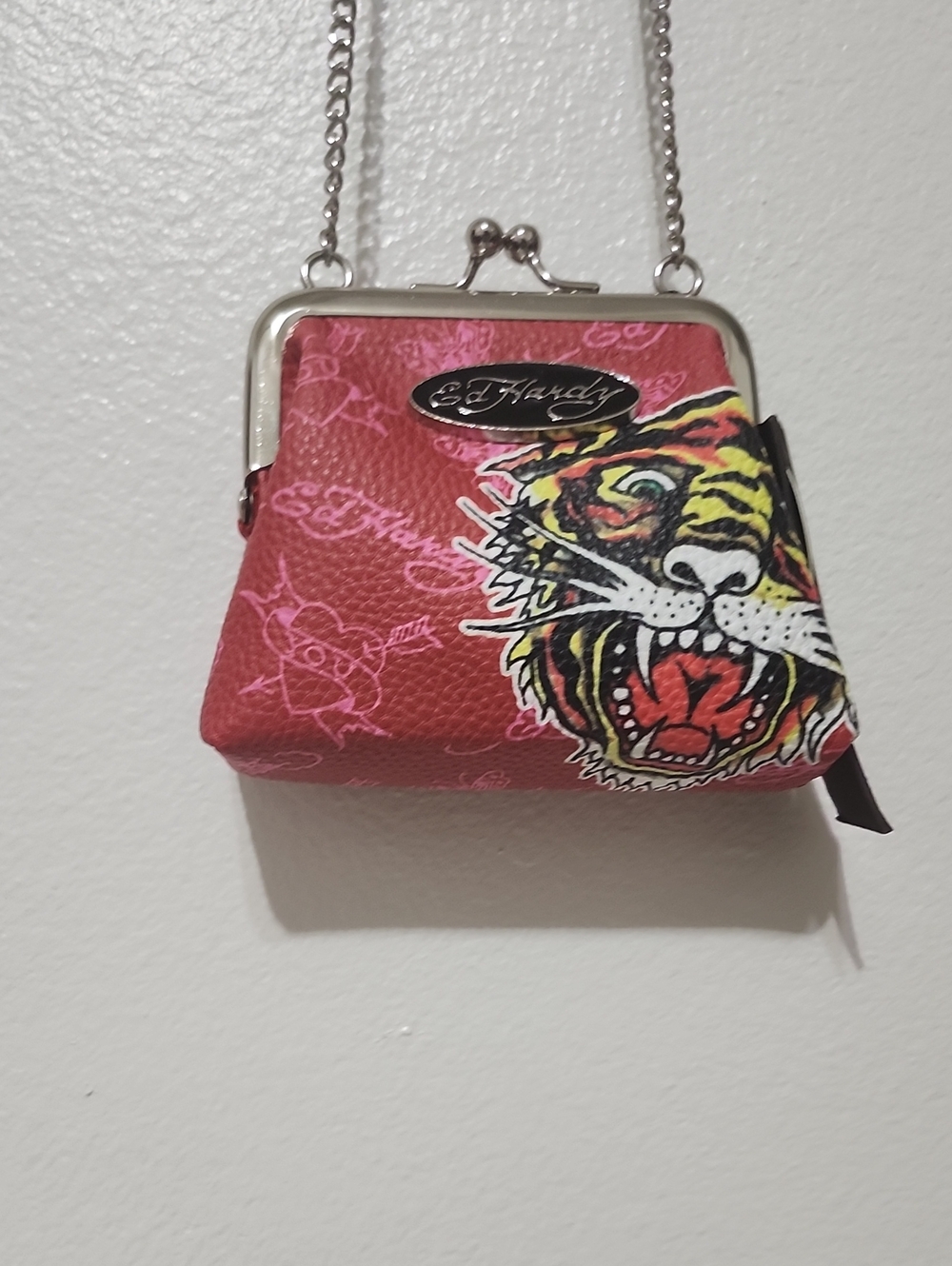 Ed Hardy Pink Tiger Print Chain Crossbody Mini Bag